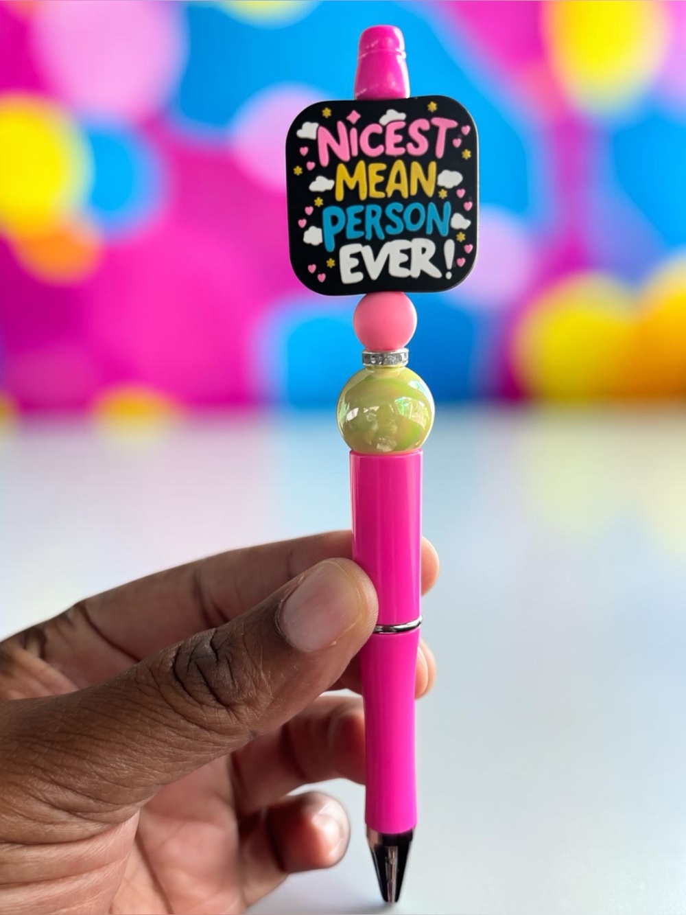 Handcrafted Pink Beaded Pen with “Nicest Mean Person Ever”